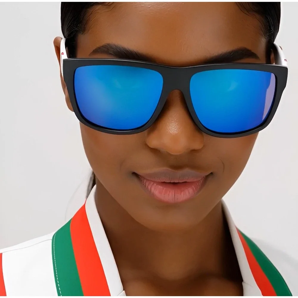 Women Black Frame Blue Mirror Lens Sunglasses Sporty Stripe Accents Lentes Gafas